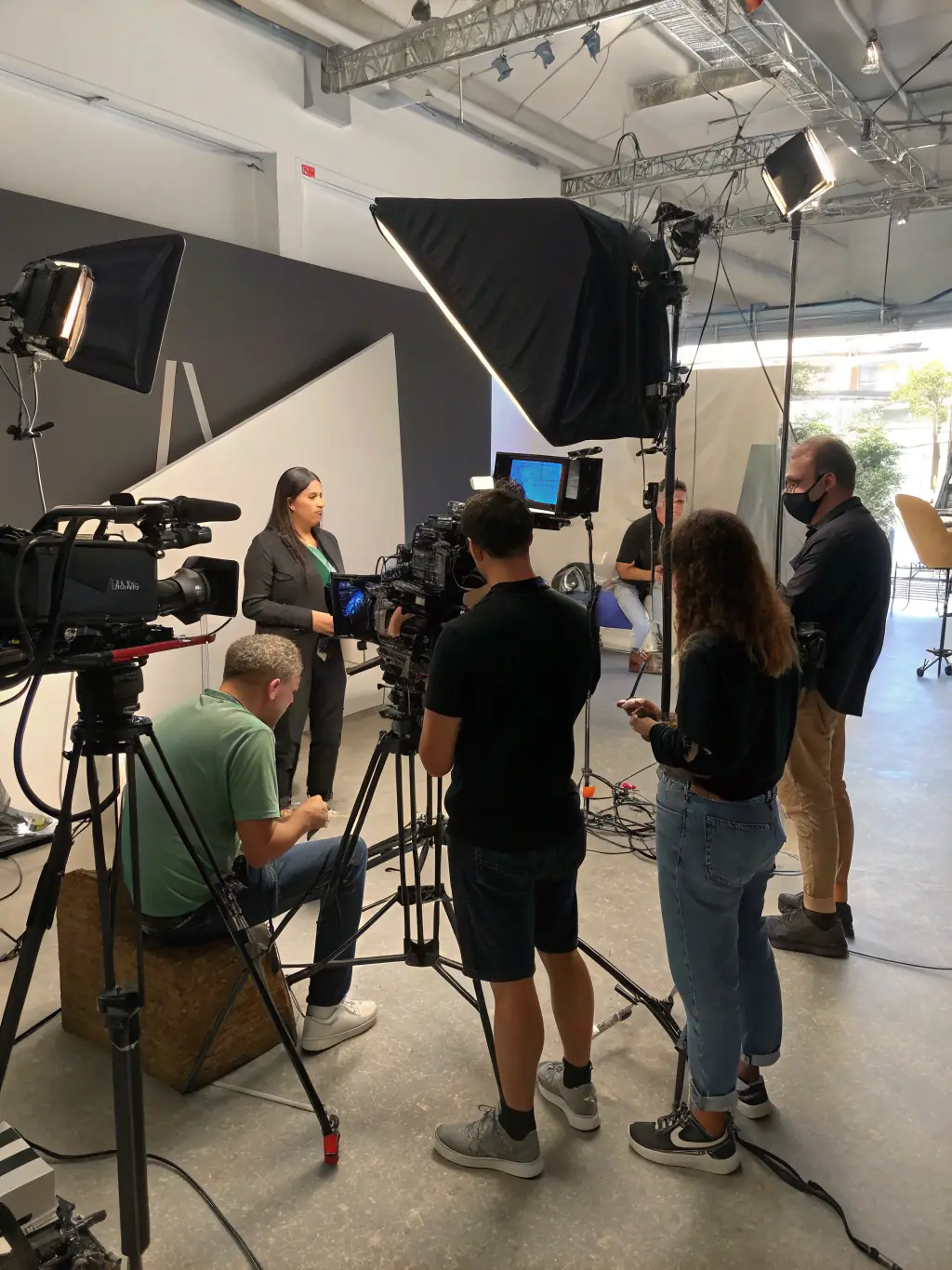 A visually engaging image of an audiovisual arts session, featuring participants working with cameras, editing software, and sound equipment to create multimedia projects.