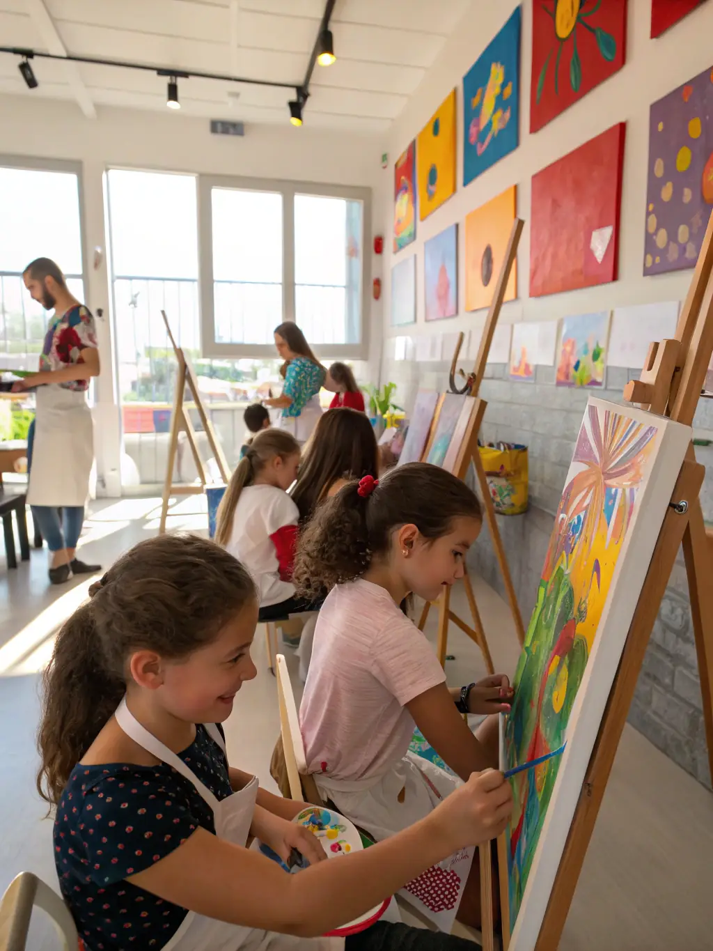 A colorful and inspiring image of a visual arts workshop, showcasing participants creating paintings, sculptures, and other art pieces, with an instructor providing feedback and encouragement.