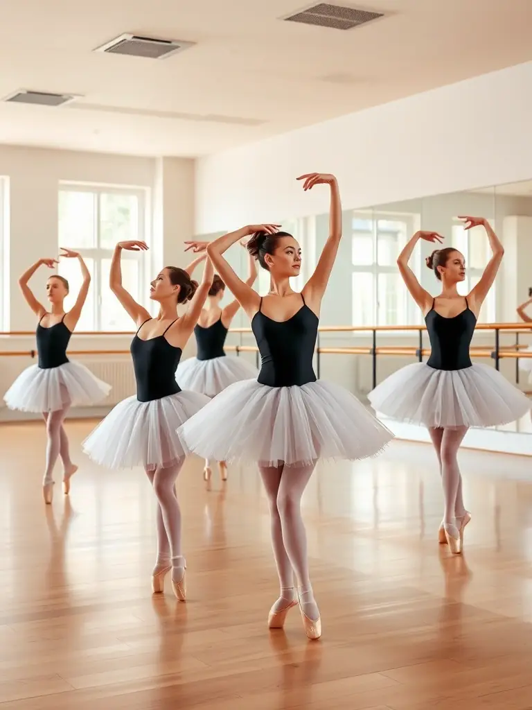 A graceful shot of dancers rehearsing a contemporary piece in a studio, highlighting the fluidity and artistry of movement fostered by LES SEPT COLLINES.