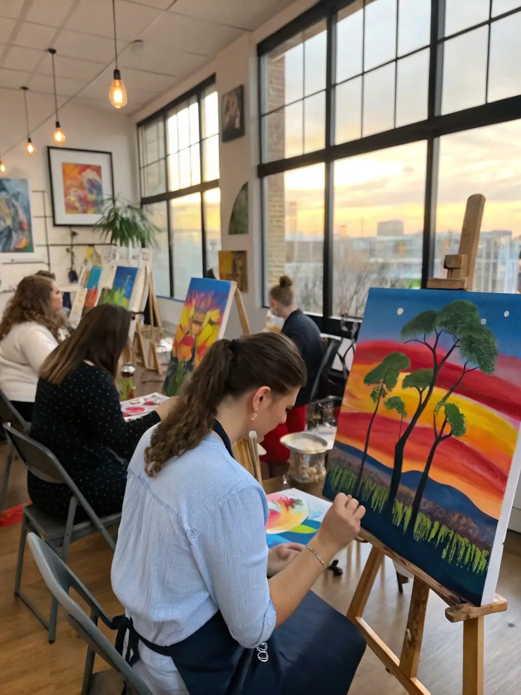 A colorful display of artwork created during an arts workshop, showcasing paintings, sculptures, and mixed media pieces, reflecting the creativity and diversity of the arts program.