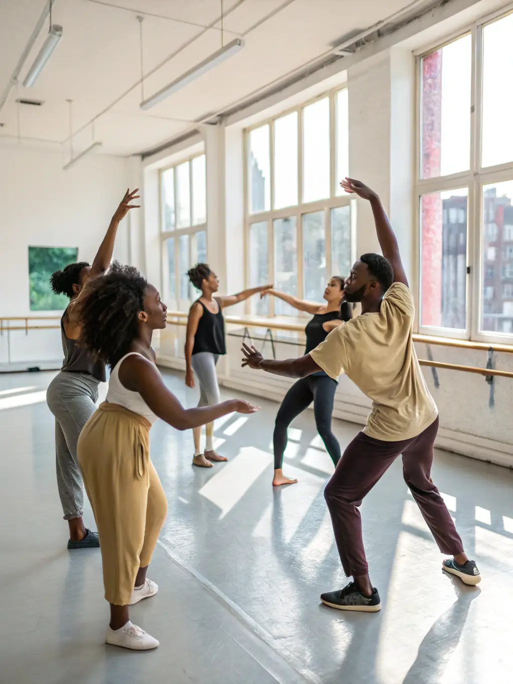 A graceful shot of a dance class, featuring dancers in motion, practicing a contemporary dance routine, emphasizing the fluidity and artistry of the dance program.