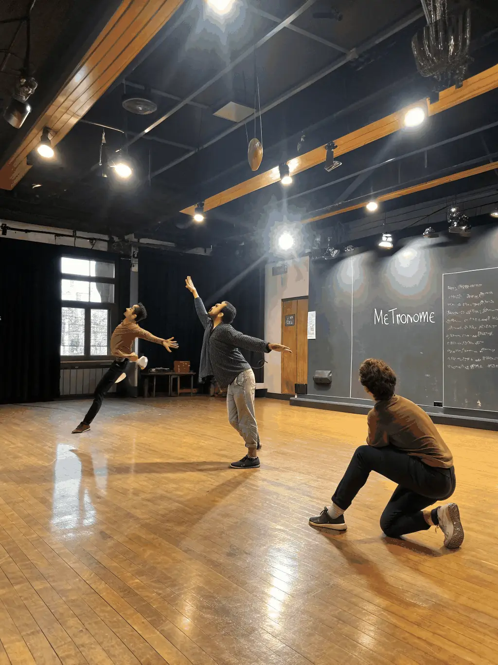 A dynamic image of a theater workshop in progress, featuring participants actively engaged in a scene under the guidance of an instructor at LES SEPT COLLINES.