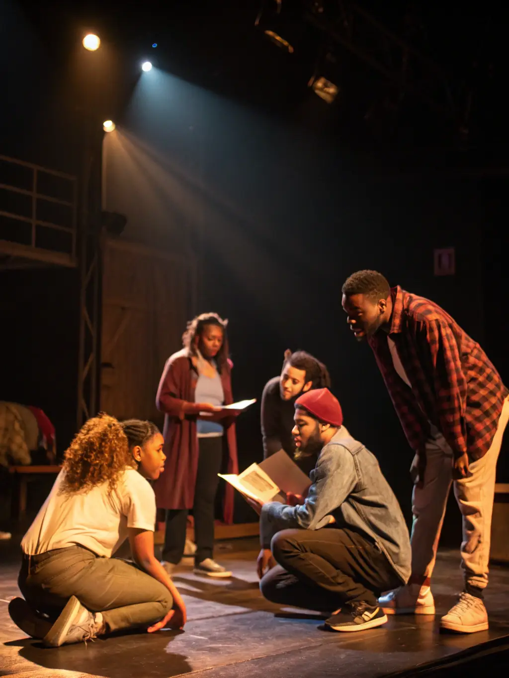A dynamic image of a theater workshop in progress, showing participants actively engaged in acting exercises, with a focus on expressions and interaction, representing the theater program's hands-on approach.