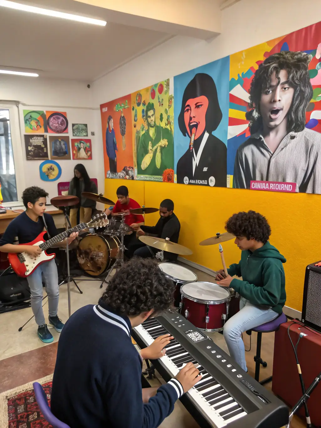 A photograph capturing a lively music workshop at LES SEPT COLLINES, featuring participants of various ages playing different instruments and a professional musician guiding them.