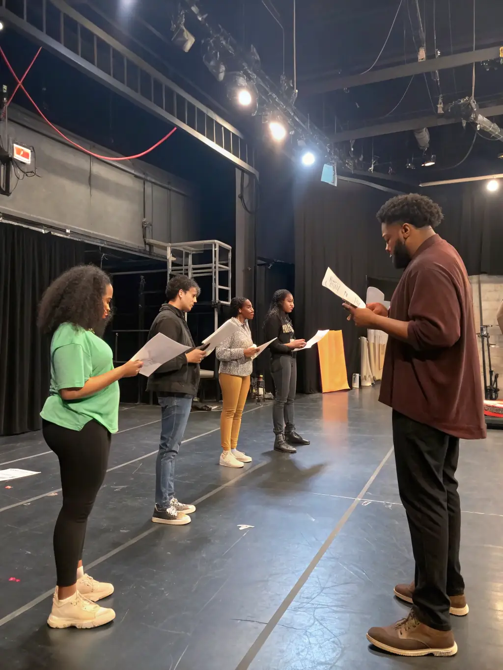 A dynamic image of a theatre workshop in progress, showing actors rehearsing a scene with expressive gestures and costumes, under the direction of a theatre professional.