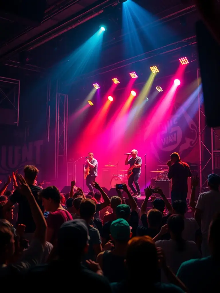 A vibrant photograph capturing a live music performance at LES SEPT COLLINES, showcasing musicians on stage with an engaged audience in the background, highlighting the energy and community involvement in the music program.